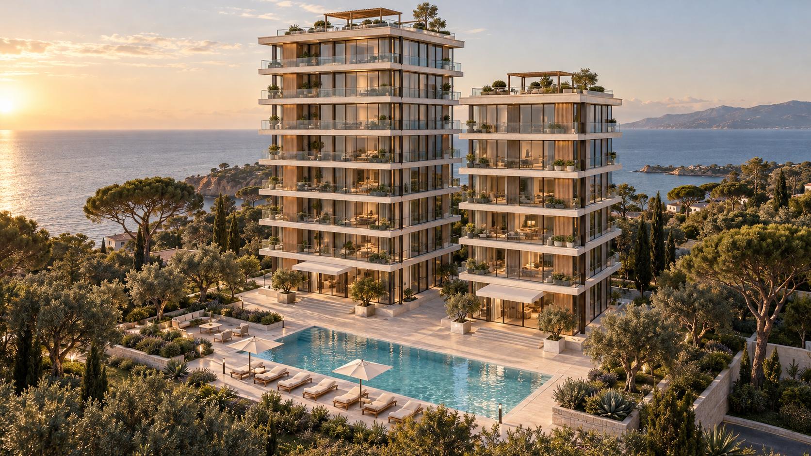 The two Aurelle residential buildings with landscaped terraces