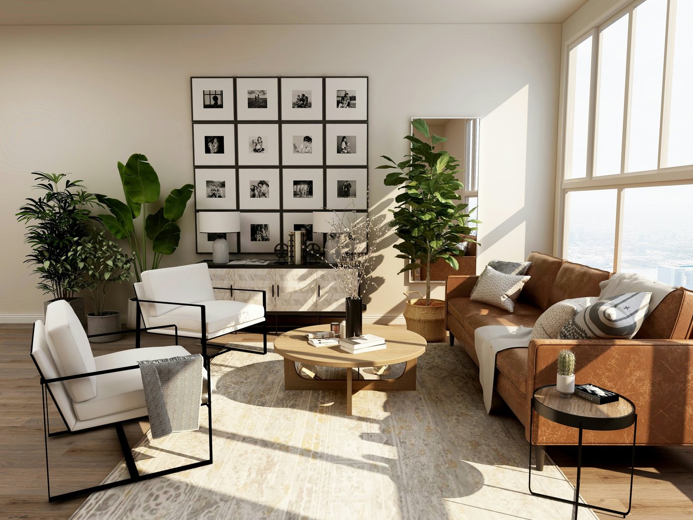 A softly lit living space with warm materials and generous proportions